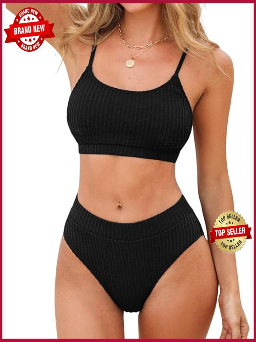 Women's High Waisted Bikini Set Scoop Neck Adjustable Straps Knitted Textured